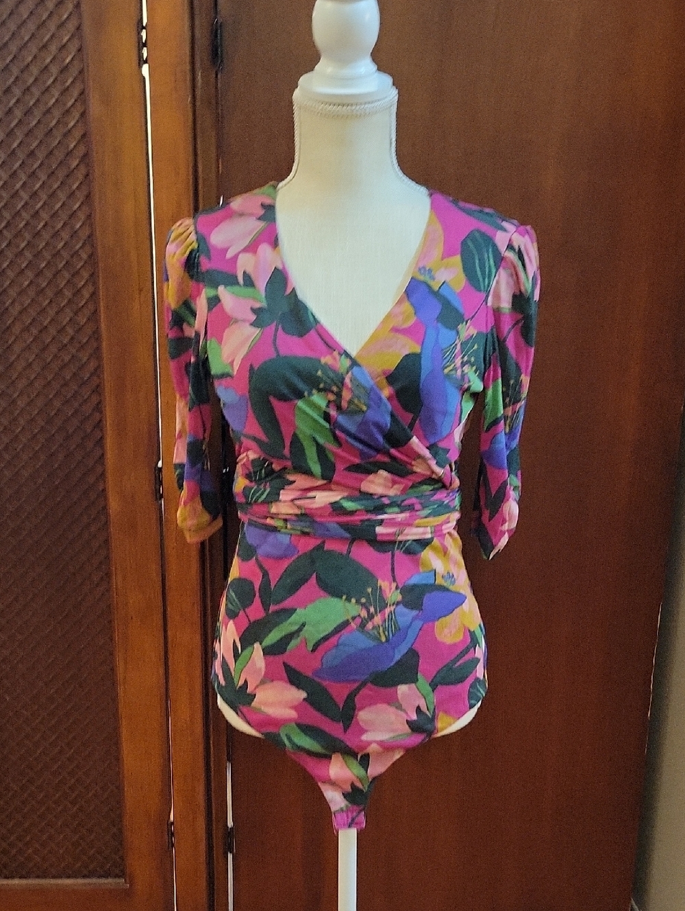 Diane von Furstenberg | Abbie Mesh Pink Multi Floral Wrap S/S Bodysuit - Size M